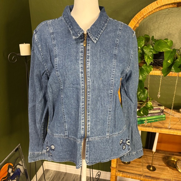 VTG CJ Banks Blue Jean Denim Floral Antique China Embroidered Zip Up Jacket - Picture 2 of 7